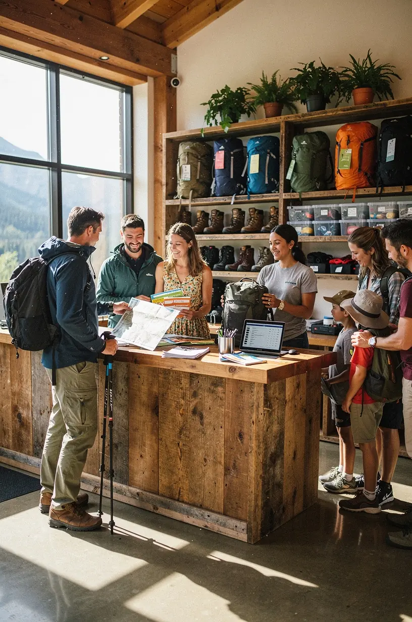 Сотрудник пункта проката демонстрирует туристическое оборудование и рассказывает о его использовании.